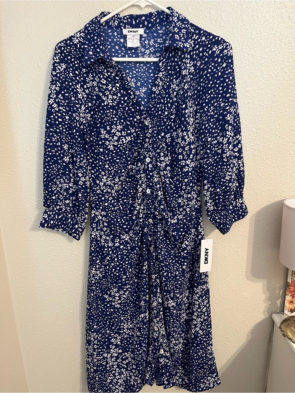 DKNY Navy and White Printed Midi Shirt Dress